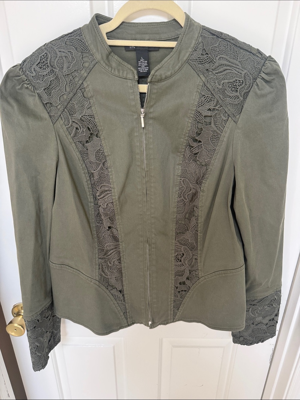 INC International Concepts Olive Green Lace-Panel Utility Jacket